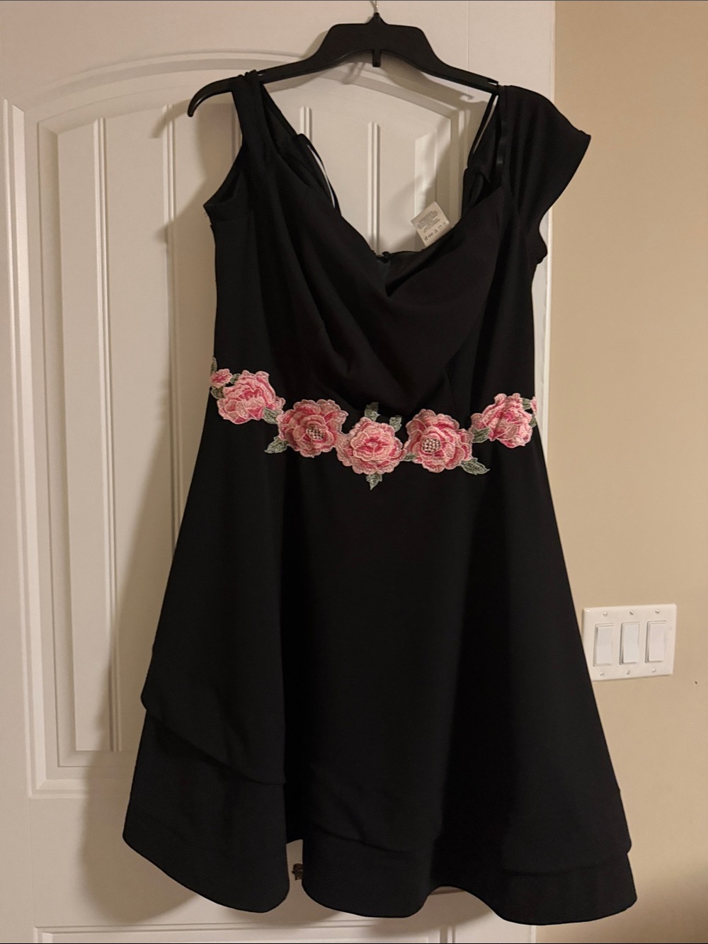 B Darlin Black Cocktail Dress with Pink Rose Embroidery